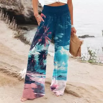 Женские прямые брюки, женские брюки с эластичной резинкой на талии, свободные повседневные брюки с принтом и карманами M