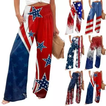 Женские прямые брюки, женские брюки с эластичной резинкой на талии, свободные повседневные брюки с принтом и карманами S синий