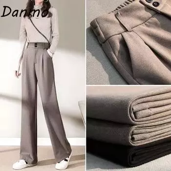 Женские прямые длинные брюки женские повседневные однотонные шерстяные широкие брюки с высокой талией XXXXL чёрный