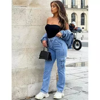 Женские прямые джинсовые джинсы-карго с несколькими сумками S синий