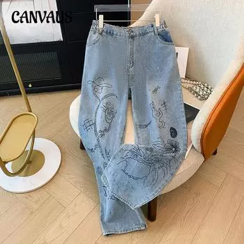 Женские прямые джинсы больших размеров High Street, модные брюки с принтом граффити 2XL чёрный