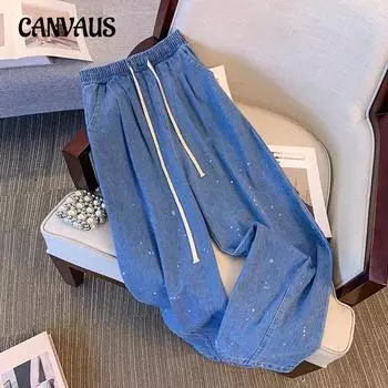 Женские прямые джинсы больших размеров, летние нестандартные узкие брюки с высокой талией и широкими штанинами в горошек 2XL синий