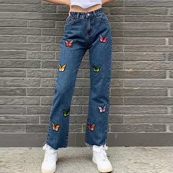 Женские прямые джинсы с 9 точками для женщин, 2024 г., модные джинсовые брюки с вышивкой бабочкой, женские элегантные повседневные весенние брюки 87 S темно-синий