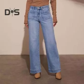 Женские прямые джинсы с несколькими карманами, застежкой-молнией на пуговицы и высокой талией, однотонные джинсовые брюки в винтажном стиле для повседневной носки, школьные поездки на работу M темно-синий