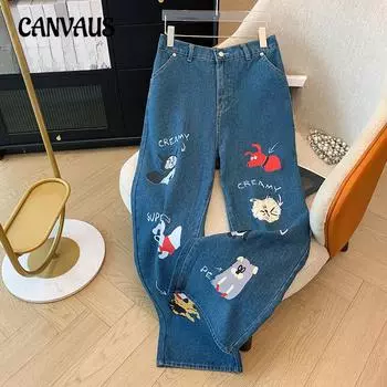 Женские прямые джинсы с рисунком больших размеров, брюки на весну и осень с эластичной резинкой на талии 2XL чёрный