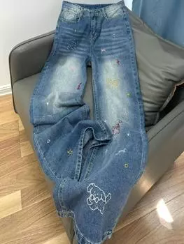 Женские прямые джинсы с вышивкой в стиле ретро в стиле «американский щенок», свободные узкие повседневные брюки широкого кроя. S синий