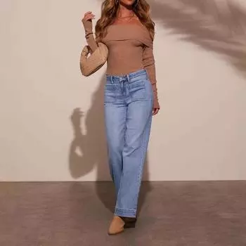 Женские прямые джинсы с высокой талией 2025 Весна Новые тонкие широкие брюки в стиле ретро S светло-синий