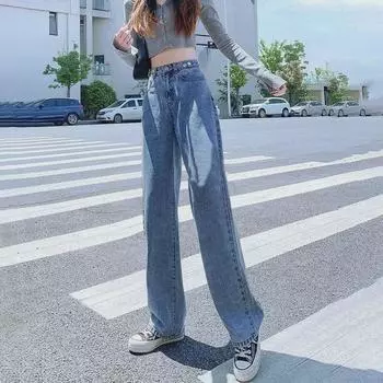 Женские прямые джинсы в корейском стиле с высокой талией в стиле ретро - летние облегающие брюки с широкими штанинами в стиле BF S