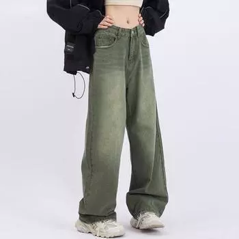 Женские прямые джинсы в стиле ретро, зеленые весенние мешковатые тонкие широкие брюки с высокой талией, джинсовые брюки, женская одежда большого размера S зелёный
