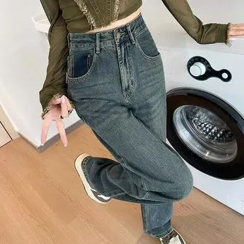 Женские прямые джинсы весна-осень с высокой талией и вышивкой, американские синие широкие брюки XXL синий