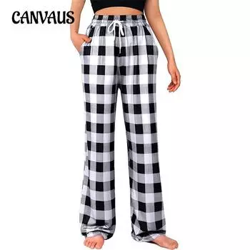 Женские прямые повседневные брюки на весну и осень, эластичные клетчатые пижамные брюки большого размера с завязками на шнуровке
