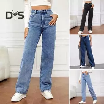 Женские прямые расклешенные джинсы с высокой талией, застегивающиеся на молнию, однотонные джинсовые брюки с карманами для повседневной носки, школьные поездки на работу XXL темно-синий