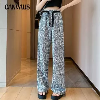 Женские прямые тонкие брюки больших размеров, летние свободные широкие брюки в этническом стиле с драпировкой и принтом, широкие брюки Tide M белый