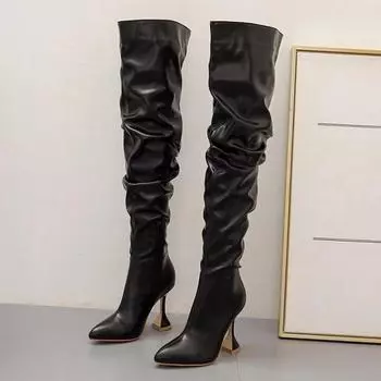Женские ПУ высокие сапоги на шпильках, женские модные сапоги с острым носком выше колена, женские офисные сапоги с боковой молнией 35