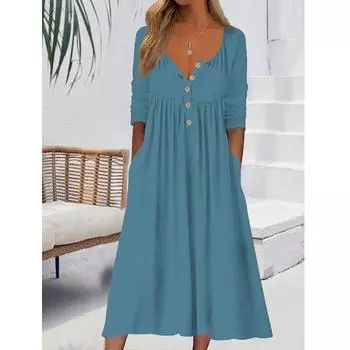 Женские пуговицы с V-образным вырезом, весенне-осенние свободные платья, платье миди с длинным рукавом S чёрный