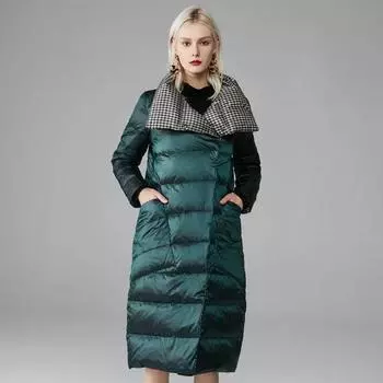 Женские пуховики, женские новые приталенные модные клетчатые, осенние и зимние длинные белые гусиные пуховые теплые куртки, одеваются на обе стороны S