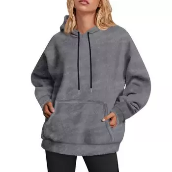 Женские пуловеры милые удобные однотонные пушистые флисовые толстовки с капюшоном и карманами M