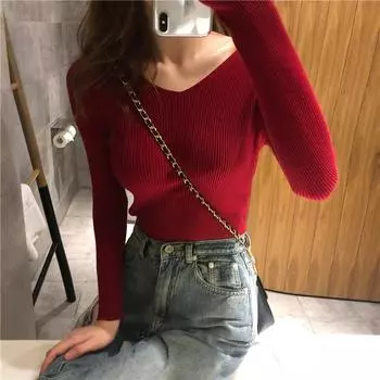 Женские пуловеры на весну и осень, вязаные свитера, рубашка для начинающих, с длинными рукавами и v-образным вырезом, тонкие облегающие топы, сплошной цвет, один размер One Size небесно-голубой