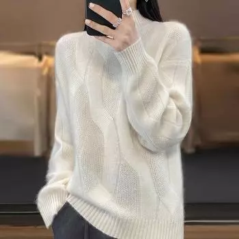 Женские пуловеры осень-зима мягкий мериносовый шерстяной свитер с воротником толстый кашемировый свитер L бежевый