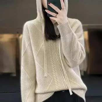 Женские пуловеры с капюшоном, свободный повседневный свитер, однотонный осенне-зимний кашемировый свитер, женская теплая трикотажная толстовка с круглым вырезом One Size