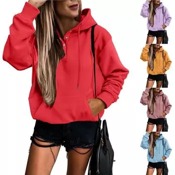 Женские пуловеры с капюшоном Топы Повседневные толстовки на пуговицах с длинным рукавом и карманом L розового золота