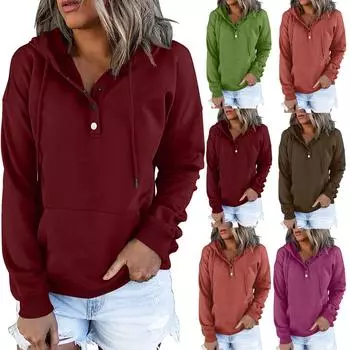 Женские пуловеры с капюшоном Топы Повседневные толстовки на пуговицах с длинным рукавом и карманом XXXL коричневый