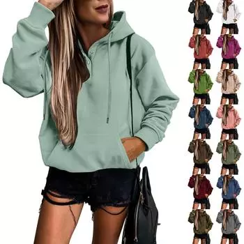Женские пуловеры с капюшоном Топы Повседневные толстовки на пуговицах с длинным рукавом и карманом M