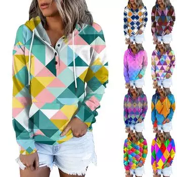 Женские пуловеры с капюшоном, топы с принтом, повседневные толстовки с карманами на пуговицах и длинными рукавами L синий