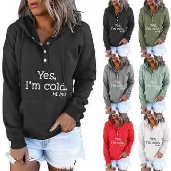Женские пуловеры с капюшоном, топы с принтом, повседневные толстовки с карманами на пуговицах и длинными рукавами XXL чёрный