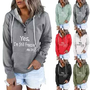 Женские пуловеры с капюшоном, топы с принтом, повседневные толстовки с карманами на пуговицах и длинными рукавами XXXL чёрный