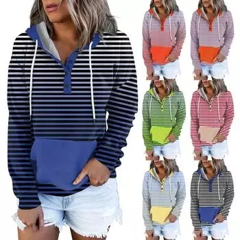 Женские пуловеры с капюшоном, топы с принтом, повседневные толстовки с карманами на пуговицах и длинными рукавами L синий