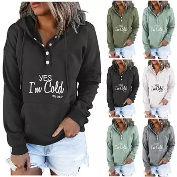 Женские пуловеры с капюшоном, топы с принтом, повседневные толстовки с карманами на пуговицах и длинными рукавами S серый