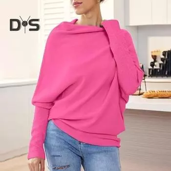 Женские пуловеры с круглым вырезом и длинным рукавом, повседневные свободные топы, однотонная эластичная повседневная футболка светло-синий