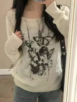 Женские пуловеры с принтом бабочек, повседневные летние футболки Y2k, эстетичные, гранжевые, ажурные, трикотажные, винтажные, свободные футболки S