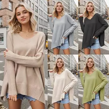 Женские пуловеры с V-образным вырезом, свитер, высокое качество, свободный джемпер, раздельная одежда на осень и зиму S серый