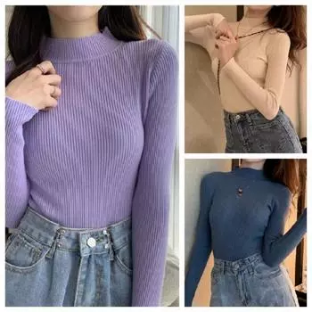 Женские пуловеры с воротником на весну, осень и зиму, свитера, джемпер, рубашка для начинающих, рубашка с длинными рукавами, короткие, облегающие, шикарные, однотонные, один размер OneSize фиолетовый