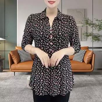 Женские пуловеры, топы с лацканами, v-образным вырезом и пуговицами, рубашка с длинными рукавами и цветочным принтом, рубашка для мам среднего возраста L белый