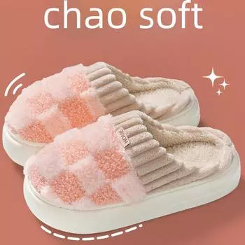 Женские пушистые домашние тапочки - теплые, на толстой подошве, из бархата для осени и зимы One Size