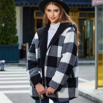 Женские пушистые флисовые куртки с капюшоном и открытым передом, длинный кардиган, пальто, теплая зимняя верхняя одежда, куртки с карманами, клетчатая искусственная меховая куртка большого размера для женщин L чёрный