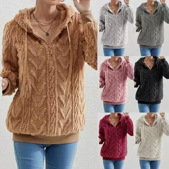 Женские пушистые флисовые толстовки, женские осенние толстовки с капюшоном на молнии, пуловеры, топы L бежевый
