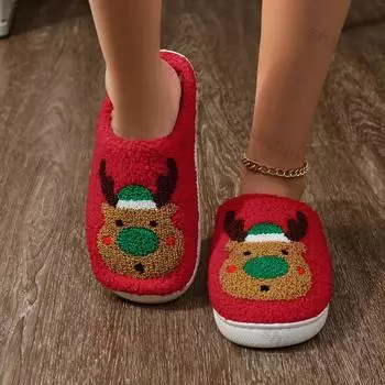 Женские пушистые мягкие домашние тапочки на мягкой подошве, зимние, рождественские, для пар, хлопковые тапочки, женские, нескользящие, на плоской подошве, домашние тапочки 36-37 красный