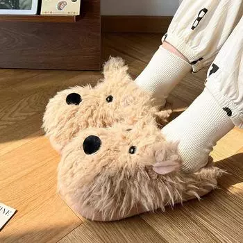 Женские пушистые мягкие домашние тапочки, зимние повседневные домашние тапочки с рисунком щенка из мультфильма, женские нескользящие домашние тапочки на плоской подошве 36-37 хаки