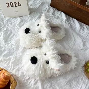 Женские пушистые мягкие домашние тапочки, зимние повседневные домашние тапочки с рисунком щенка из мультфильма, женские нескользящие домашние тапочки на плоской подошве 36-37 белый