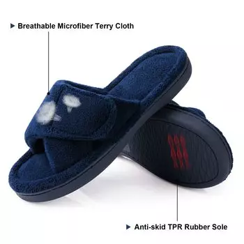 Женские пушистые тапочки Comwarm, мягкие, с открытым носком, с эффектом памяти, нескользящие, плюшевые домашние тапочки, регулируемые, из махровой ткани, сандалии для дома 36-37(8.8-9 inch) чёрный