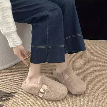 Женские пушистые тапочки из норки 2024 года, новая верхняя одежда из хлопка с одной педалью, полутапочки высокого качества 35 чёрный