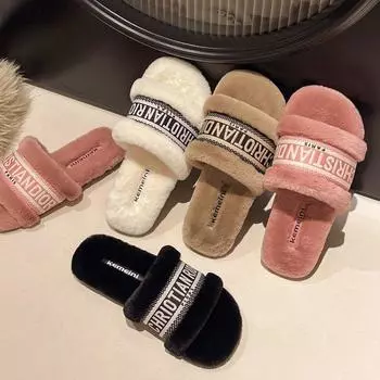 Женские пушистые тапочки, модная одежда для улицы, новинка сезона осень/зима 2024 года, шлепанцы на плоской подошве с вышитой монограммой 35 розовый