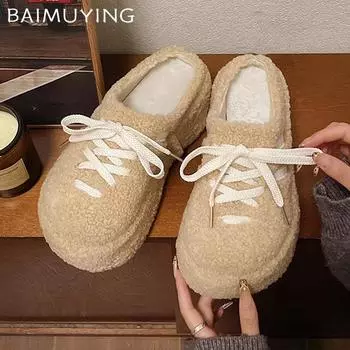 Женские пушистые тапочки на платформе, теплые хлопковые туфли на шнуровке, женская обувь 2025 года, трендовые зимние ботинки для дома, короткие плюшевые хлопковые тапочки 35 чёрный