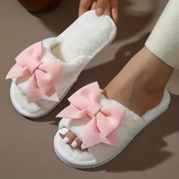 Женские пушистые тапочки с бантом, симпатичные открытые носки, удобные плюшевые домашние тапочки, удобные теплые домашние тапочки 36-37 розовый