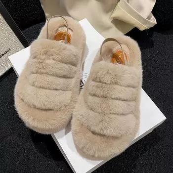 Женские пушистые тапочки с толстой подошвой, теплые домашние тапочки с плоской подошвой из плюша 35 чёрный