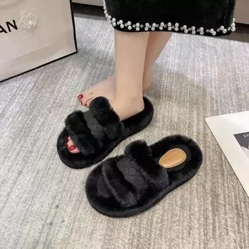 Женские пушистые женские роскошные пушистые плюшевые тапочки из искусственного меха, мягкие домашние тапочки на платформе для девочек, домашние повседневные сабо на плоской подошве с круглым носком, зимние 35 чёрный